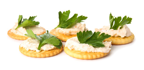 Tasty crackers on white background
