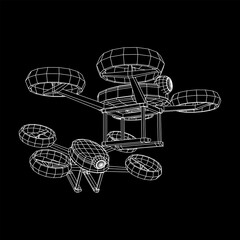 Drone flying with action video camera. Wireframe low poly mesh vector illustration