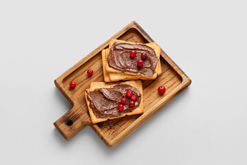 Tasty crackers with chocolate paste and cranberry on grey background