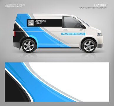 Realistic Van mockup and wrap decal for livery branding design and corporate identity company. Abstract graphic of blue stripes Wrap, sticker and decal design for services van  and racing car