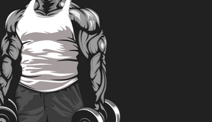 Bodybuilder vector illustration. Strict coach bodybuilding and fitness logo. Baner for sport gym.