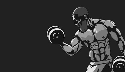 Bodybuilder vector illustration. Strict coach bodybuilding and fitness logo. Baner for sport gym.