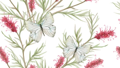 Plexiglas foto achterwand sierlijke naadloze textuur met eenvoudige schetsen van bloeiende planten en vlinders. aquarel schilderen © Aloksa