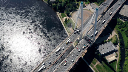 Aerial top view of bridge road automobile traffic of many cars, transportation concept