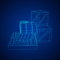 Supplies cargo concept. Pile boxes and barrels. Wireframe low poly mesh vector illustration.