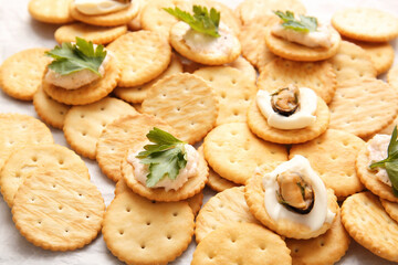 Tasty crackers on light background, closeup