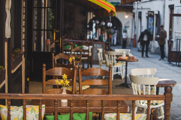 empty tables of cafe outdoors