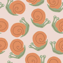 Hand drawn vector seamless pattern with cute childish snails on a pink background