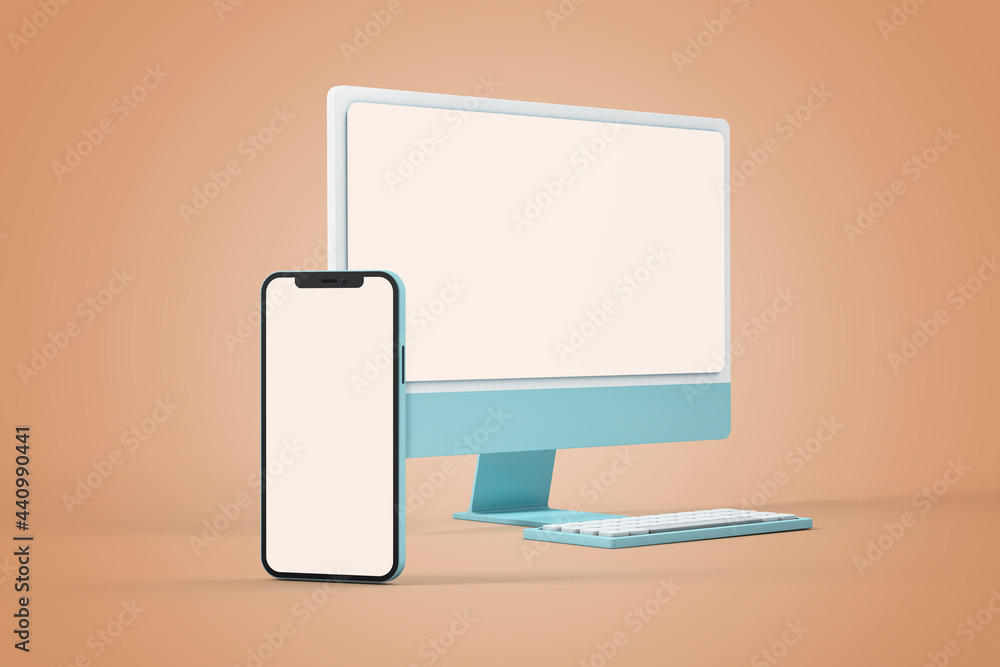 Aufkleber computer and smartphone with blank screen for your design, 3d rendering