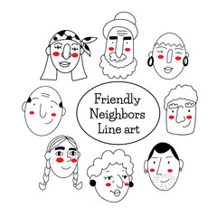 Hand drawn line cute doodle faces, different heads isolated on white background