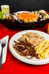 
Delicious Meal Plate Dish Japanese Seafood Menu Fried Rice Teriyaki On a Red Table