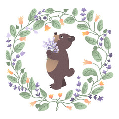 Little bear cub holding lavender bouquet in the middle of the flower crown of leaves, bellflowers and lavender © Daria