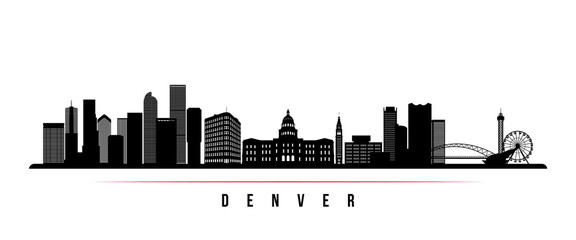 Denver skyline horizontal banner. Black and white silhouette of Denver, Colorado. Vector template for your design.