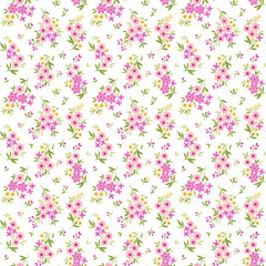 Floral pattern. Pretty flowers on white background. Printing with small pink flowers. Ditsies print. Seamless vector texture. Spring bouquet. Stock vector.