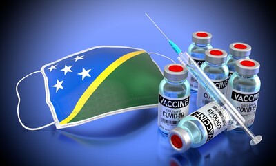 Covid-19, SARS-CoV-2, coronavirus vaccination programme in Solomon Islands - face mask, vials, syringe - 3D illustration