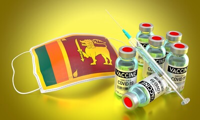 Covid-19, SARS-CoV-2, coronavirus vaccination programme in Sri Lanka - face mask, vials, syringe - 3D illustration