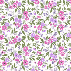 Vintage seamless floral pattern. Liberty style background of small pastel lilac flowers. Small blooming flowers scattered over a white background. Stock vector for printing on surfaces and web design.