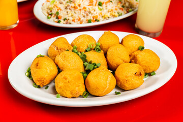 Delicious Japanese Food Meal Plate Dish Fried Dish On a Red Table