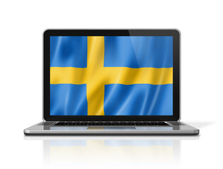 Swedish flag on laptop screen isolated on white. 3D illustration