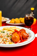 
Delicious Meal Plate Dish Japanese Seafood Menu Fried Rice Teriyaki On a Red Table