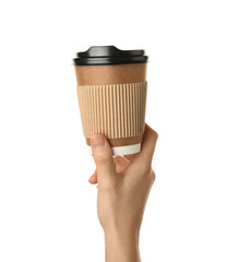 Woman with takeaway cup for coffee on white background