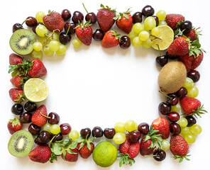 frame from juicy fruits with copy space. strawberries, cherries, kiwi and grapes on a white background