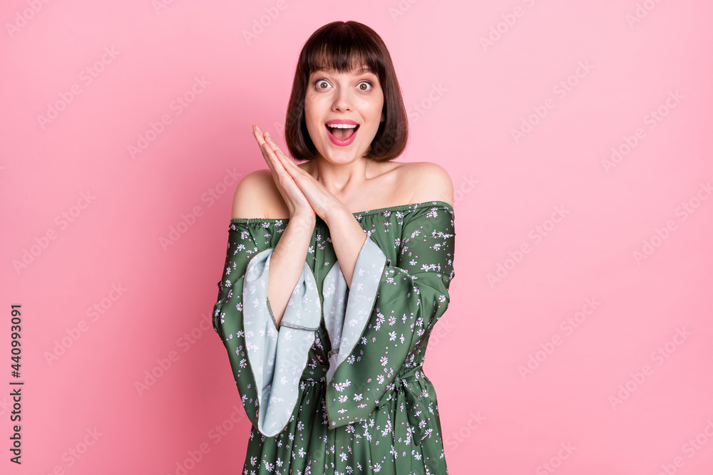 Sticker Portrait of attractive cheerful amazed brown-haired girl great news reaction isolated over pink pastel color background