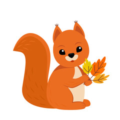 cute squirrel character holding a branch of autumn leaves in his paws. flat vector illustration