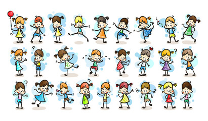 Collection of happy cartoon kids, colored hand drawn doodle outline style