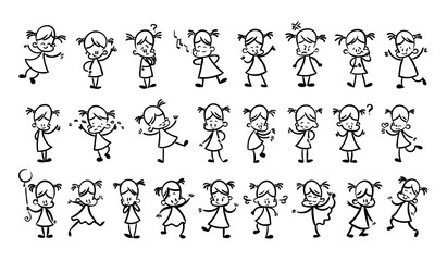 Collection of happy cartoon kids, lined hand drawn doodle outline style