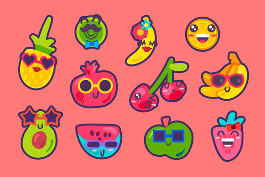 Summer fruits emoji emotion collection set vector