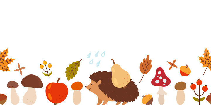 seamless autumn background with berries, mushrooms, leaves, hedgehog and rain in cartoon style.