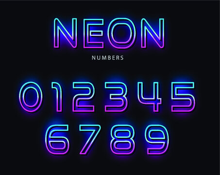 Neon pink and blue numbers vector illustration. Neon light. Glowing numbers. 0-9 numbers.
