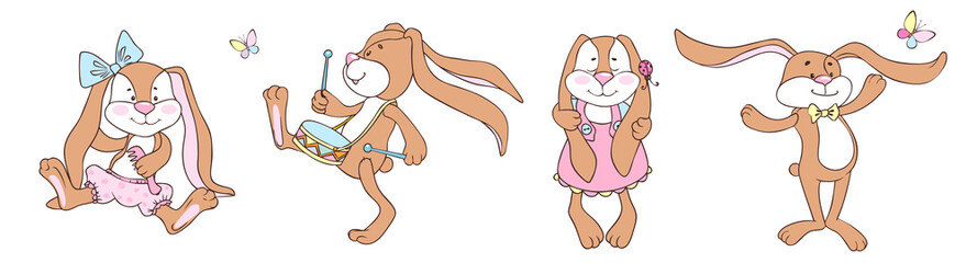 Obraz premium Set of cute funny toy bunnies. The image is separated from the background.