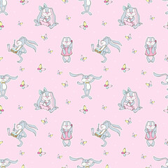 Seamless pattern of cute funny toy rabbits or bunnies. Vector cute pattern for children on a pink background.