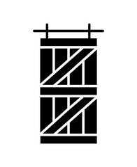 Barn sliding wooden door in old vintage rustic style. Flat icon isolated on white background. Interior design graphic