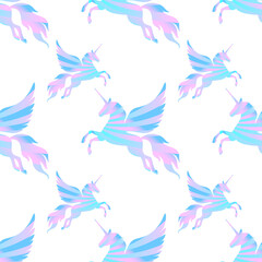 Flying unicorns silhouettes seamless pattern. Pink and blue silhouettes of pegasus on a white background.
