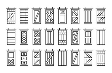 Barn sliding wooden doors in old vintage rustic style. Line icon set. Isolated objects on white background. Interior design symbols © Milta