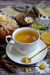Close-up white cup with chamomile tea and honey on a wooden background. Vertical