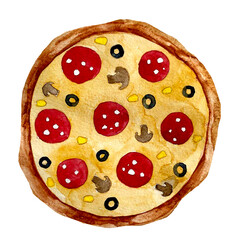Hand-drawn pizza in watercolor. Pizza with sausage and mushrooms.