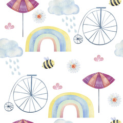 Watercolor seamless pattern with rainbows.