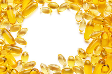 Frame made of fish oil capsules on white background