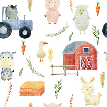 Watercolor pattern with farm animals.
