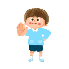 手を出しストップのポーズをする園児