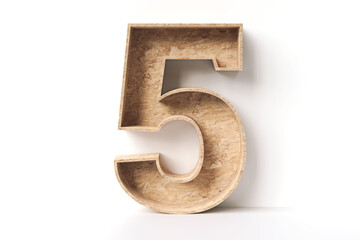 Number 5 from recycled OSB wooden font design. Decorative idea for home or shop interiors. High quality 3D rendering.