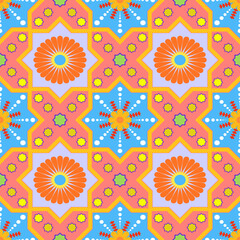 Fototapeta premium geometric fabric pattern Yellows and oranges, blues, purples, reds, blacks, whites feature brightly colored flowers and shadows that create dimension. Flat design concept for fabric pattern, curtains