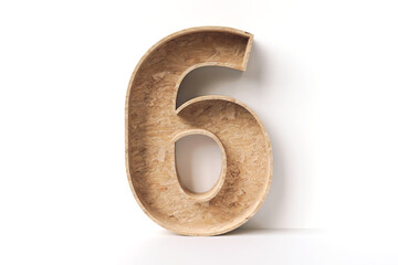 Wood font number 6 in the shape of furniture made of natural OSB plywood. High detailed 3D rendering.