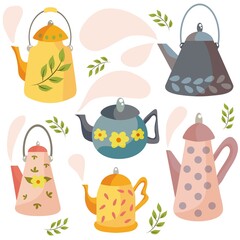 A set of teapots. Scandinavian style. Flower-decorated teapots. Vector illustration for a postcard. Spring time. Cute ceramic and iron teapots. Kitchen accessories. Tea time.