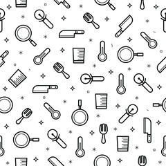 Seamless Pattern Abstract Doodle Collection Kitchen Cooking Fork Knife Glass Frying Pan Thermometer Logo Vector Symbol Icon Design Style