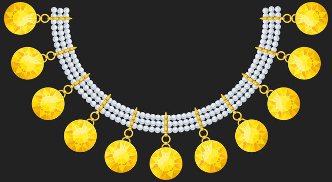 Colorful necklace with yellow gems and pearls vector illustration. Isolated on dark background. Fashion illustration. Jewelry illustration
